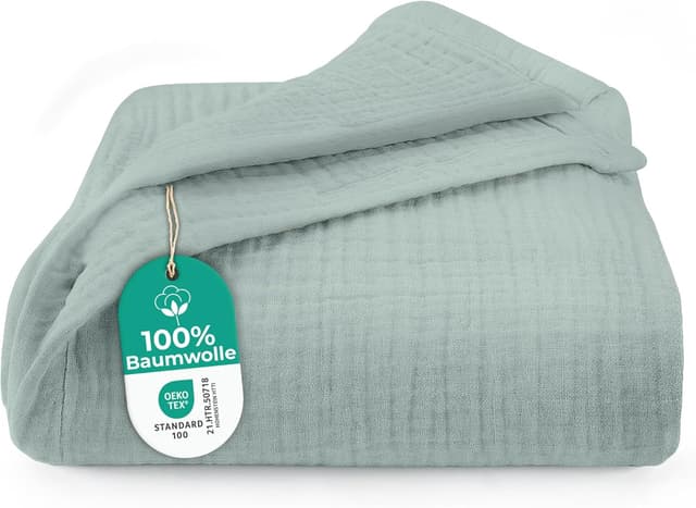 Detalle de Dreamzie Musselin Tagesdecke 220x240 cm (Baumwolle, Oeko-Tex, hellgrün) als leichte Überwurfdecke