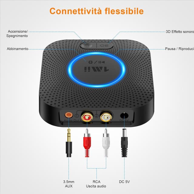 Detalle 2 de 1Mii Ricevitore Bluetooth 5.3 B06+ con aptX HD, Jack 3,5 mm e RCA, Surround 3D