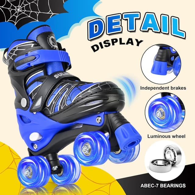 Detalle de SULIFEEL Adjustable Kids Roller Skates with Light-Up Wheels (Ages 3–12, 4-Size Adjustable Fit)