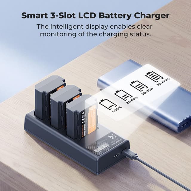 Detalle de K&F CONCEPT 3-Pack NP-FZ100 Battery and Triple Slot Charger (A7iv/FX3/FX30/ZV-E1 and more)