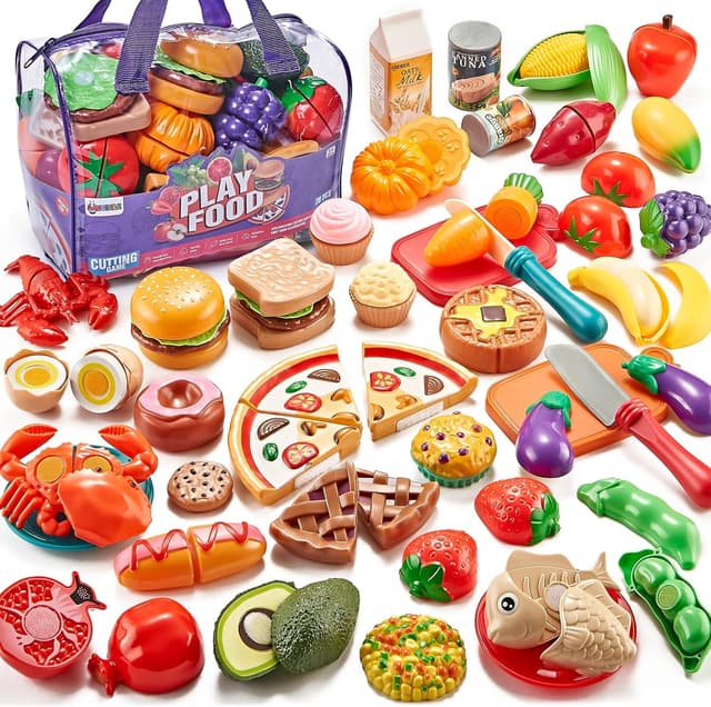 Detalle de Laugigle Pretend Play Food für Kinderküche – 78-teiliges Spielfutter-Set mit Aufbewahrungstasche