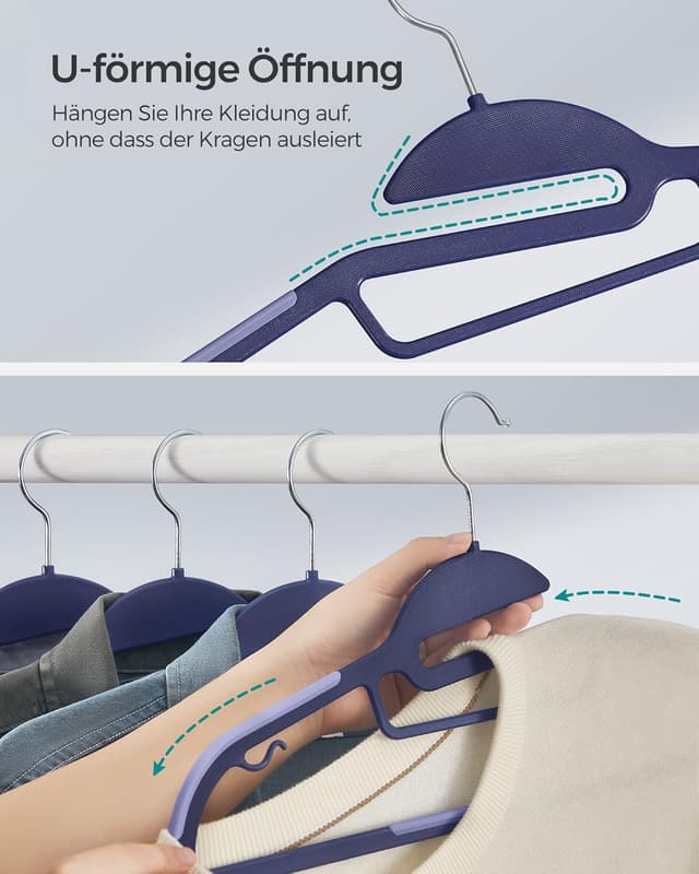 Detalle de SONGMICS Kleiderbügel aus Kunststoff 20er-Set (U-förmige Öffnung), 360° drehbarer Haken, dunkelblau/hellblau CRP041C02