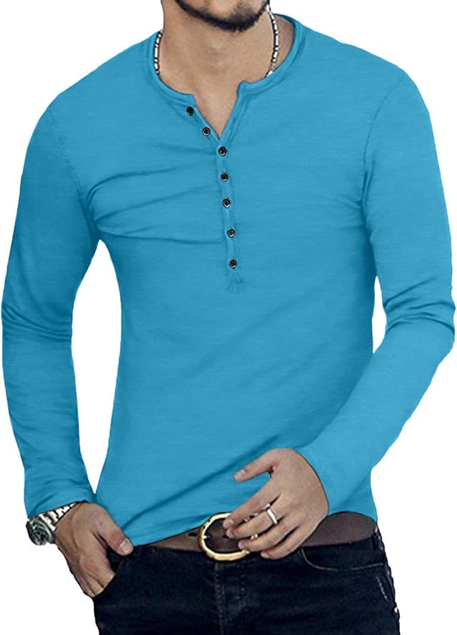 Detalle de KUYIGO men’s cotton slim fit henley T-shirt with 7 buttons (short sleeve)