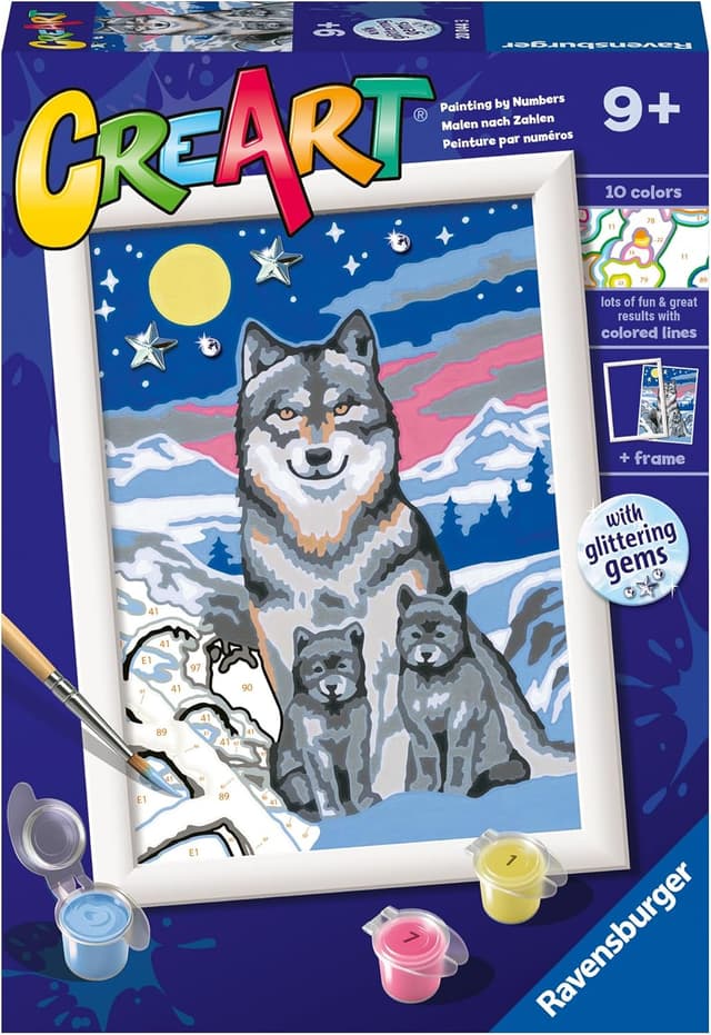 Detalle de Ravensburger CreArt Lupi al chiaro luna – Dipingere con i Numeri, kit pittura per bambini 9+
