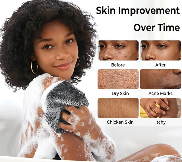 Detalle de RelaxScene African Net Sponge Authentic (2-pack) – Exfoliating body scrubber bath sponge in black & antique gold