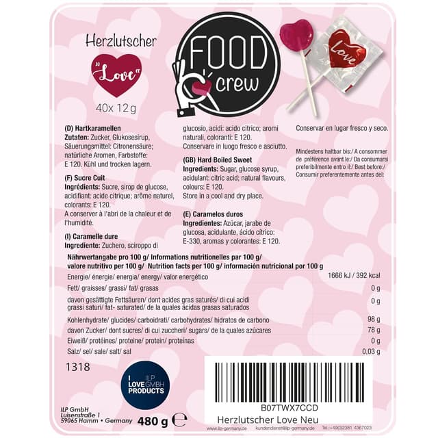 Detalle de FOOD crew 40 Herzlollies – große Herz-Piruletas am Stück, einzeln verpackt für Candy Bar & Events