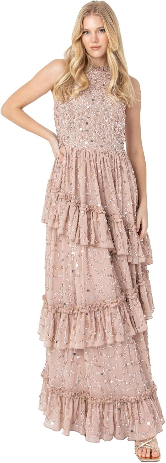 Detalle de Maya Deluxe embellished tie-back maxi dress for women in taupe blush (sleeveless ruffle evening occasion dress)