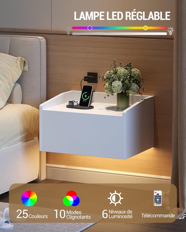 Detalle de Hzuaneri NS52203XEU – Lot de 2 tables de chevet suspendues avec LED, 1 tiroir, 30 x 40 x 22,5 cm (blanc)