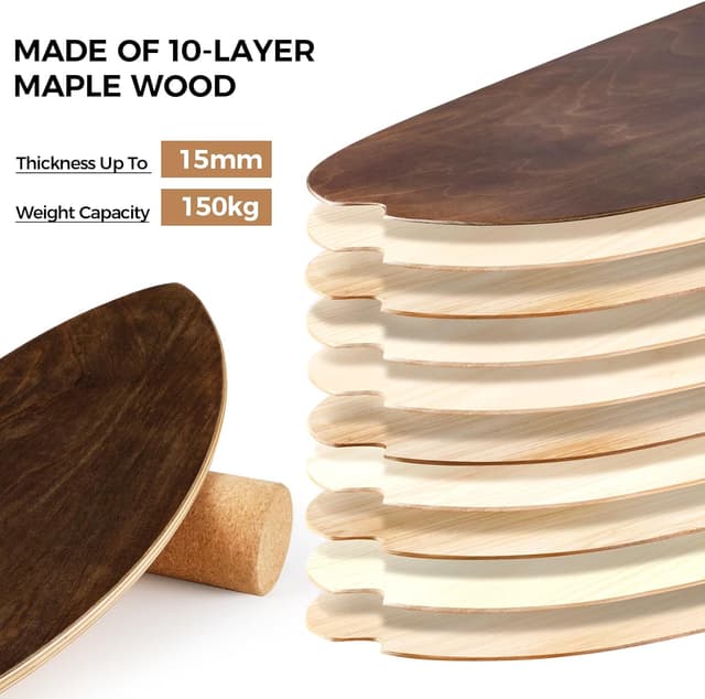 Detalle de Cowiewie Balance Board (15 mm) mit 10 mm Korkrolle – Indoor-Surfboard fürs Gleichgewicht