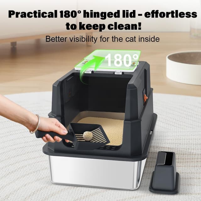 Detalle de SZEE Stainless Steel Cat Litter Tray with Lid (Black) — spacious, easy-clean litter box for odour control