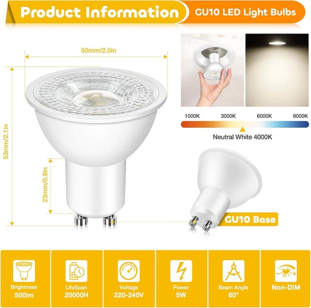 Detalle 2 de Morotty GU10 LED spotlight bulbs 5W (500lm) 4000K neutral white, 60° beam, non-dimmable – pack of 10