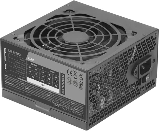 Detalle de TACENS ANIMA APIII850, alimentatore ATX 850W 12V con DC-DC, efficienza Bronze 85% e ventola 120 mm ultra-silenziosa
