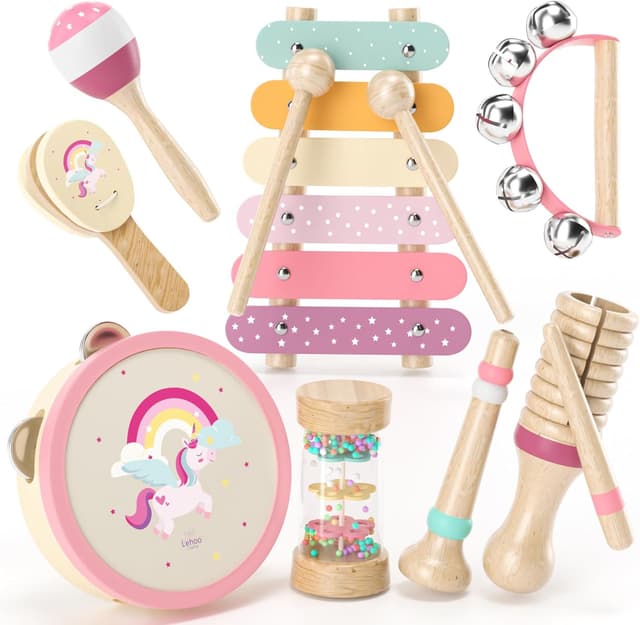 Detalle de Lehoo Castle Kids toddler wooden musical instruments set (18M+) – xylophone, maraca, tambourine, more
