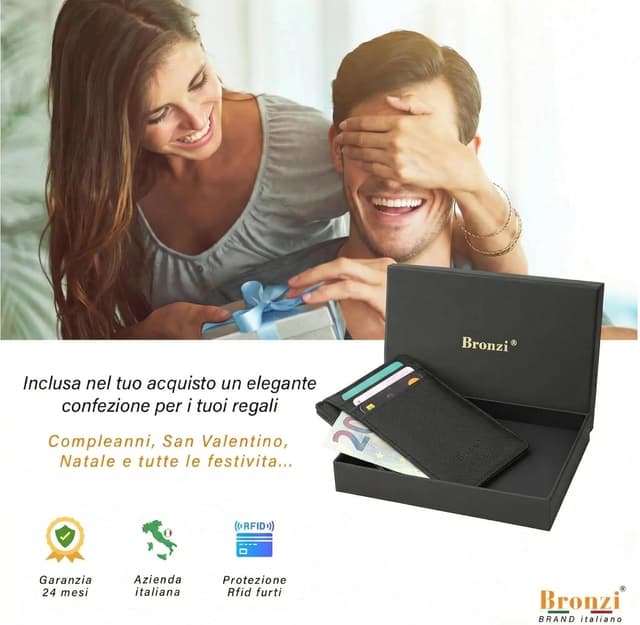 Detalle de Bronzi portafoglio sottile RFID Nero in similpelle Saffiano: mini porta tessere e carte