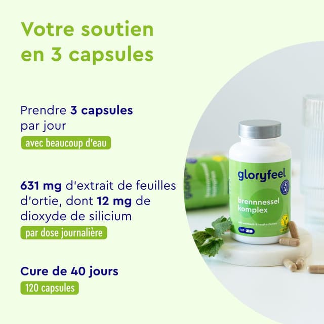 Detalle de Extrait d’Ortie en capsules véganes (10:1) avec Vitamine C, Manganèse & Cuivre – 120 capsules