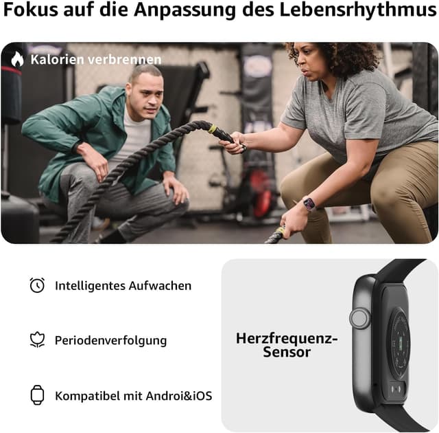 Detalle de AcclaFit Smartwatch für Damen & Herren mit 1,85" HD Touch, Bluetooth-Telefonfunktion, IP68 und Fitness-Tracker