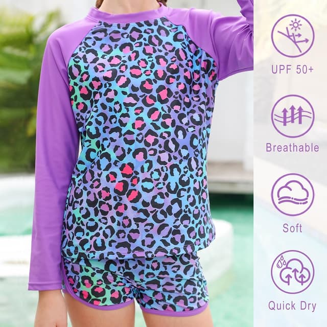 Detalle de TUONROAD Girls 2-Piece Rash Guard Swimsuit (Long Sleeve Tankini) for Ages 4–10