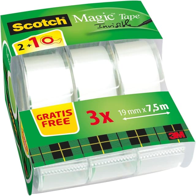 Detalle de Scotch Magic Tape mit 3 Handabrollern – unsichtbares, mattes Klebeband 19 mm x 7,5 m
