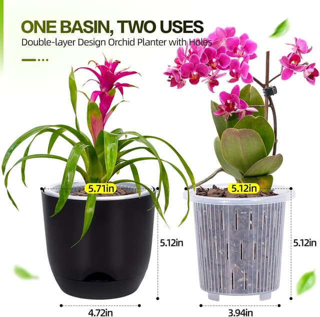 Detalle de QCQHDU 2 Pack Orchid Pots (5.8in) with Self-Watering Reservoir – Clear Plastic, Leak-Resistant Design