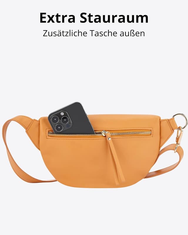 Detalle 2 de Expatrié Alice Small Damen-Bauchtasche in Orange – wasserabweisende Gürteltasche aus veganem Leder mit verstellbarem Riemen