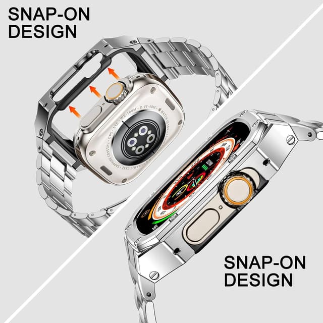 Detalle de BAITEYOU Stainless Steel Watch Band with Case for Apple Watch Ultra 3/2/1 (49mm) — Rugged Metal Bumper Strap, Silver