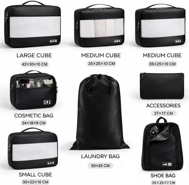 Detalle de MURISE Koffer Organizer 8-teilig: Packing Cubes & Taschen-Set für Urlaub und Reisen, Schwarz