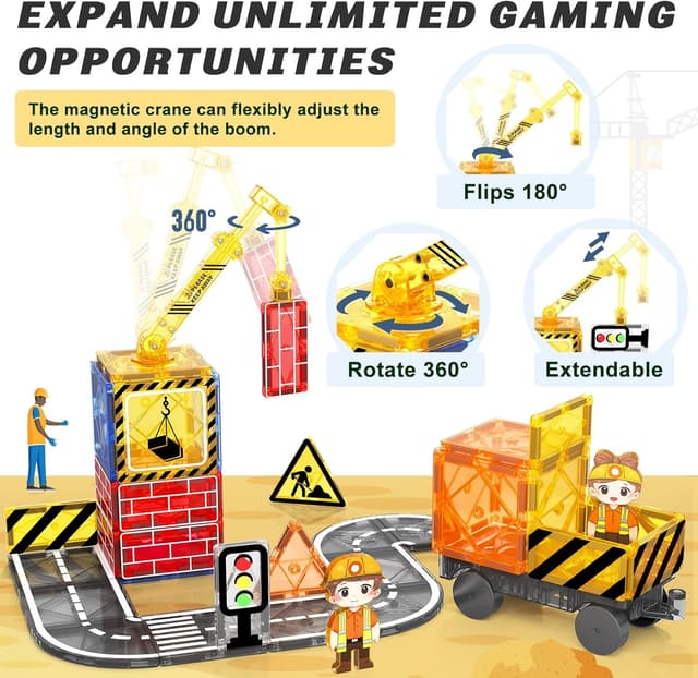 Thumbnail 1 de Kids Games Magnetic Tiles Road Set with Extendable Crane