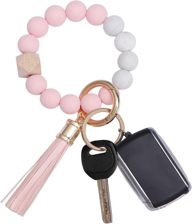 Detalle de AOKSUNOVA Auto-Schlüsselanhänger fürs Handgelenk für Frauen – mit Perlen & abnehmbarer Lederquaste