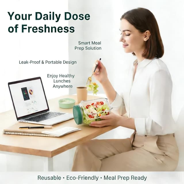 Detalle de VIVIZEN Salad Pod Mason Jar Side Open with Leakproof Dressing Container (1 jar)