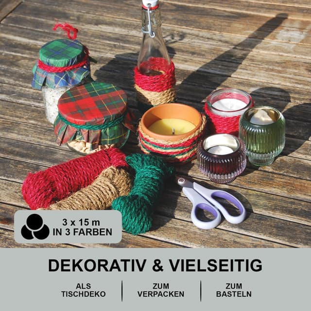 Detalle 2 de deli4you Kokosseil bunt (Dekoband/Dekoschnur) – 3 x 15 m in Rot, Grün und Braun