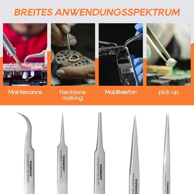Detalle de Precision Tweezers by TOWOT — Stainless Steel Pointed Tweezers for Craft, Electronics & Soldering