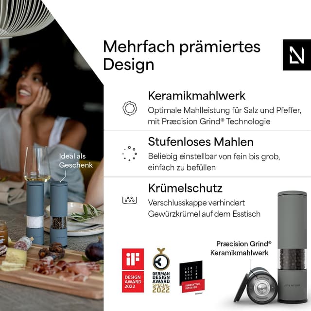 Detalle 2 de LARS NYSØM Salz- und Pfeffermühle-Set „Lagom“ manuell mit Keramikmahlwerk (2-tlg.) – Edelstahl, Blue/Gray
