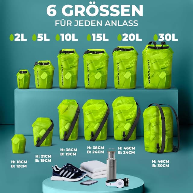 Detalle de Nordlight Dry Bag wasserdichte Tasche (2–30 l) mit Roll-Top und Schultergurt