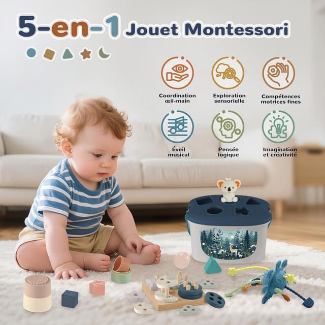 Detalle de Jouet bébé Montessori 5 en 1 (6 mois et +) : tri de formes, empilement, xylophone et jeux sensoriels
