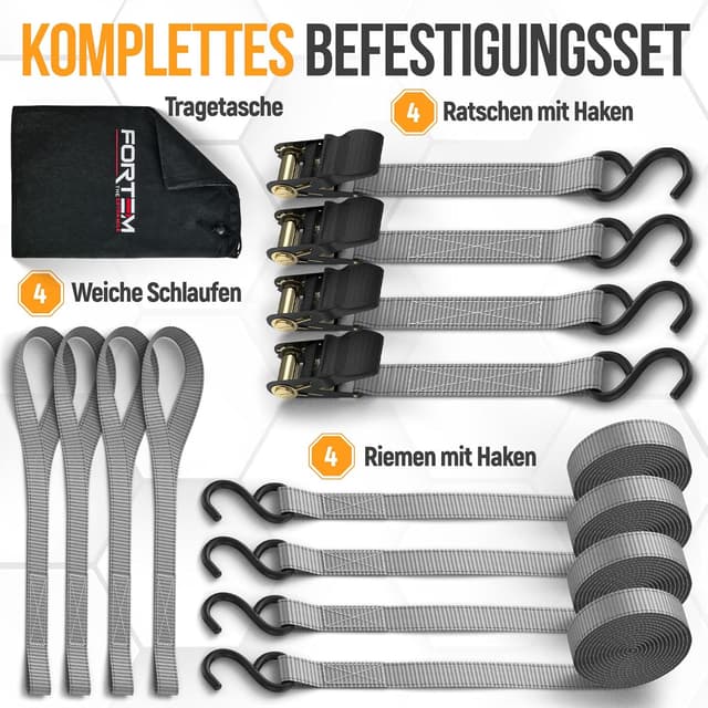 Detalle de FORTEM Spanngurte-Set mit Ratsche: 4 Zurrgurte, 748 kg Bruchfestigkeit, in Tragetasche