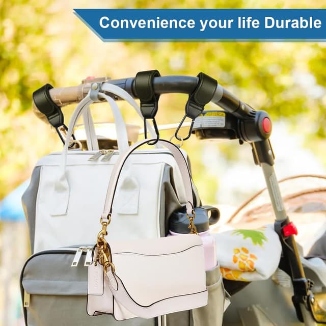 Detalle 2 de URAQT Crochet de poussette – lot de 3 ganchos universels avec mousqueton et attache pour sacs