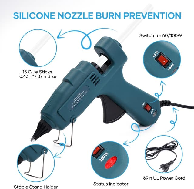 Detalle 2 de Fireproof 60/100W Full Size Hot Glue Gun with 15 Glue Sticks (Green)