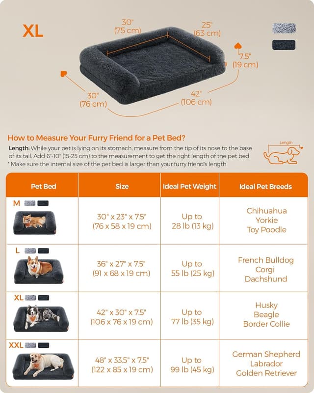 Detalle de Feandrea FluffyHug XL Dog Sofa Bed (Dark Grey) – egg crate foam with removable washable cover, 106 x 76 x 19 cm