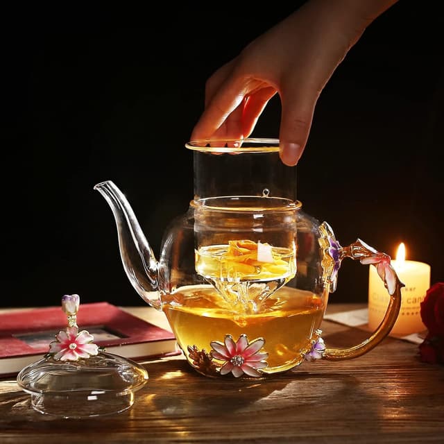 Detalle de Luka Tech 35OZ Enamel Glass Flower Teapot With Removable Loose Tea Leaf Infuser