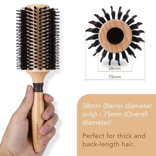 Detalle 2 de BESTOOL Rundbürste zum Föhnen mit Wildschweinborsten und Nylonstiften (Barrel 38 mm) – fürs Glätten, Locken & mehr Glanz