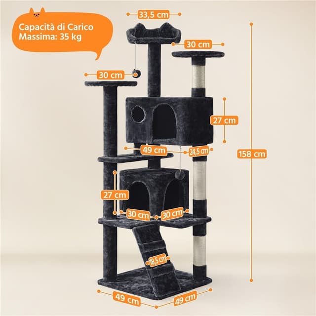 Detalle de Yaheetech albero tiragraffi per gatti da 158 cm con 3 pali graffiatoi, 3 posatoi e 2 grotte
