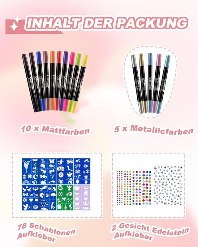 Detalle 2 de Oiovnivn Tattoo Stifte Kinder – Glitzer-Set Dual-End mit 15 Markern, 78 Schablonen und 2 Gesichtsstickern