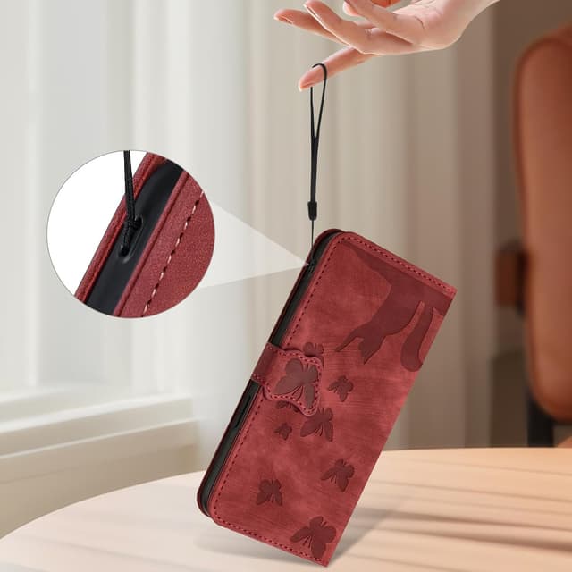 Detalle 1 de LSPCASA Handyhülle für Motorola Edge 70 (6,7 Zoll) – PU Flip-Case mit Kartenfächern und Standfunktion, Schmetterlingskatze rot