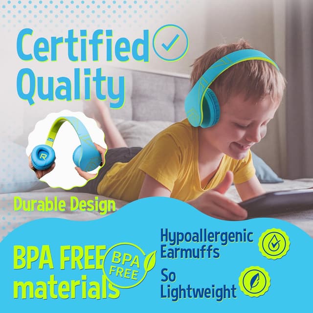 Detalle de PowerLocus KinderKopfhörer Bluetooth Over-Ear mit 85 dB Lautstärkebegrenzung, Mikrofon & faltbar (inkl. Tragetasche)