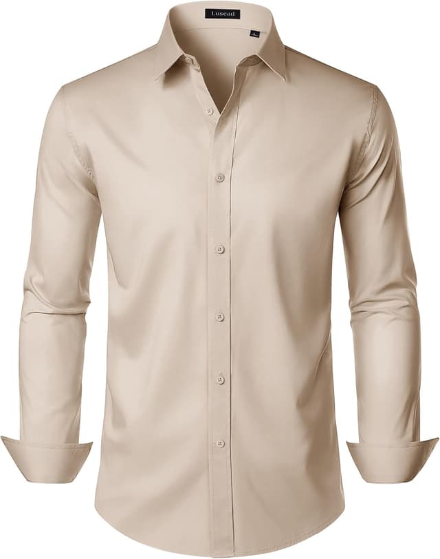Detalle 2 de Lusead Men's Long Sleeve Wrinkle-Free Stretch Dress Shirt (Cotton, Solid Button-Down)