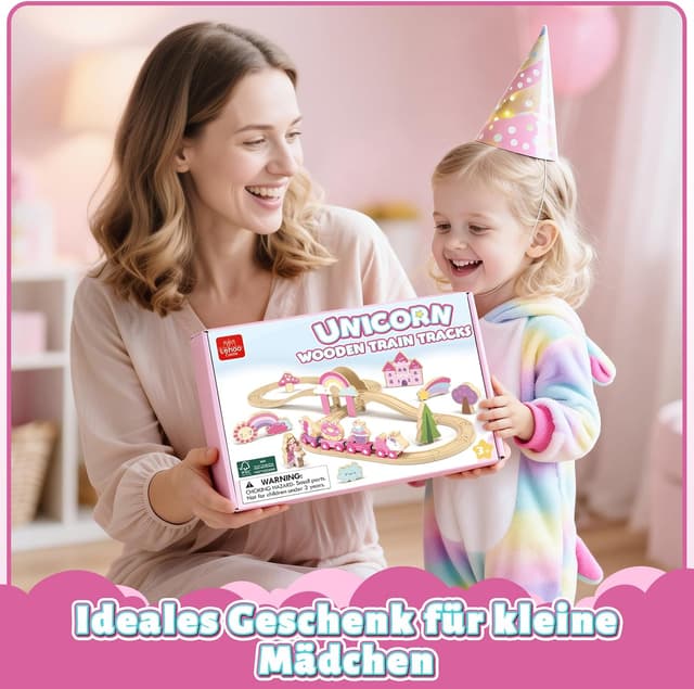 Detalle 2 de Lehoo Castle Holzeisenbahn für Mädchen – Einhorn-Feen-Holzeisenbahn, 38-teiliges Set ab 3 Jahren (rosa)