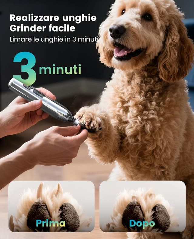 Detalle de oneisall 4 in 1 Tosatrice per cani (pelo folto/denso), silenziosa, tagliaunghie e limatrice, batteria fino a 4 ore