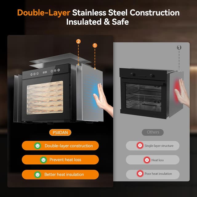 Detalle 2 de Food Dehydrator Machine with 8 Stainless Steel Trays, 650W Motor, Adjustable Temperature & 48-Hour Timer (Jerky, Fruits, Herbs, Dog Treats)