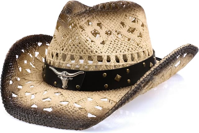 Thumbnail 6 de WQWOVRVO straw cowboy hat with shapeable wide brim (white/black) for women and men