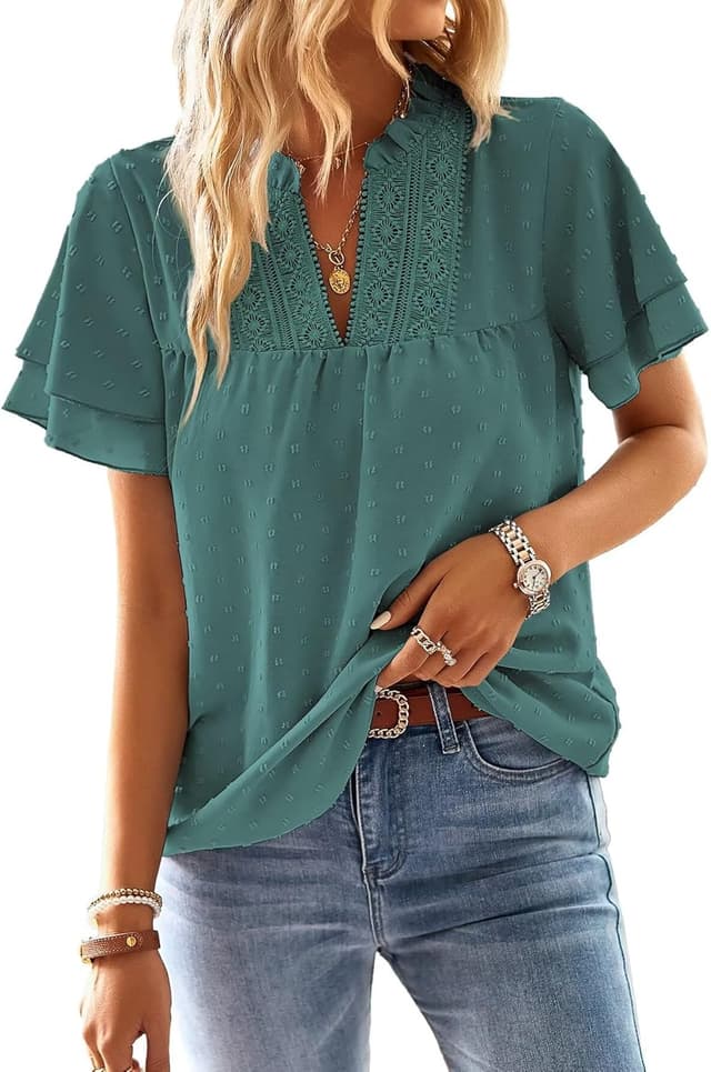 Detalle de TUUHAW Boho V-Ausschnitt Bluse mit Kurzarm